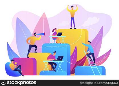 Business people work and climb the corporate ladder. Employment hierarchy, career planning, career ladder and growth concept on white background. Bright vibrant violet vector isolated illustration. Corporate ladder concept vector illustration.