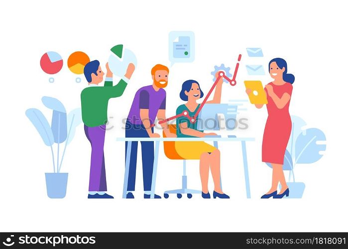 Business people work. Development team in process creating new project, interaction with symbols and signs, joint activity vector concept. Office teamwork. Development team in process creating new project, interaction with symbols and signs, joint activity concept