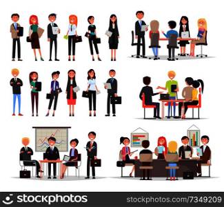 Business people work in teams and create projects. Colleagues gether at meeting or conference around tables with presentations vector illustrations.. Business People Work in Teams and Create Projects