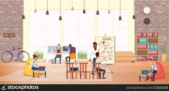 Business People Work Rest in Modern Office Area. Creative Group. Coworking Center Interior with Window. Furniture, Modern Device. Flip Board Presentation. Flat Cartoon Vector Illustration. Business People Work Rest in Modern Office Area