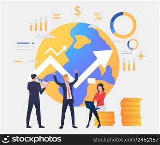 Business people working and celebrating success, rising arrow and earth globe. Investment, management, banking concept. Vector illustration can be used for topics like business, finance, analysis. Business people working and celebrating success, rising arrow