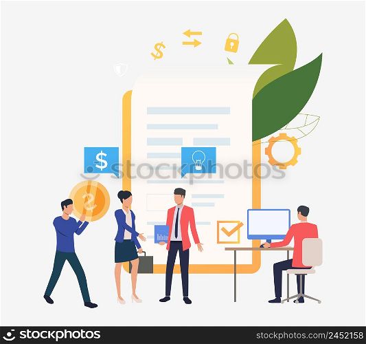 Business people working and concluding contract. Finance, partnership, smart contract concept. Vector illustration can be used for topics like business, technology, management. Business people working and concluding contract