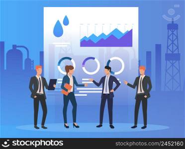 Business people working and discussing issues, diagrams. Negotiations, management, oil industry concept. Vector illustration can be used for topics like business, marketing, analytics. Business people working and discussing issues, diagrams