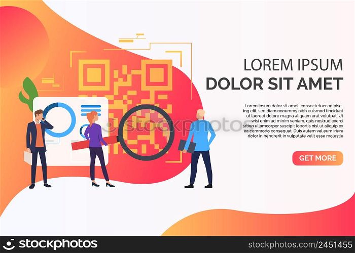 Business people working, big QR code and sample text. Identification, workflow, analytics concept. Presentation slide template. Vector illustration for topics like business, finance, analysis. Business people working, big QR code and sample text