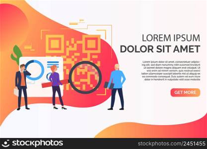 Business people working, big QR code and sample text. Identification, workflow, analytics concept. Presentation slide template. Vector illustration for topics like business, finance, analysis. Business people working, big QR code and sample text