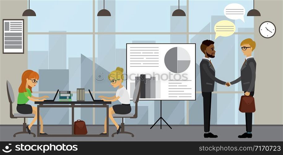 Business people working in modern office,businessmen shake hands and business women work at the table,workplace interior,flat vector illustration