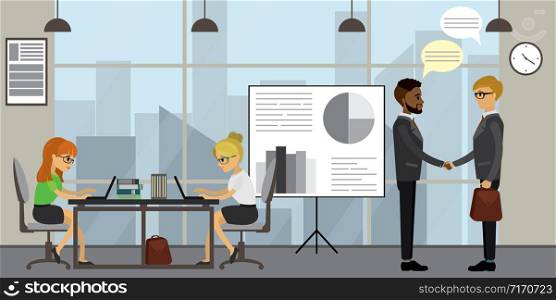 Business people working in modern office,businessmen shake hands and business women work at the table,workplace interior,flat vector illustration