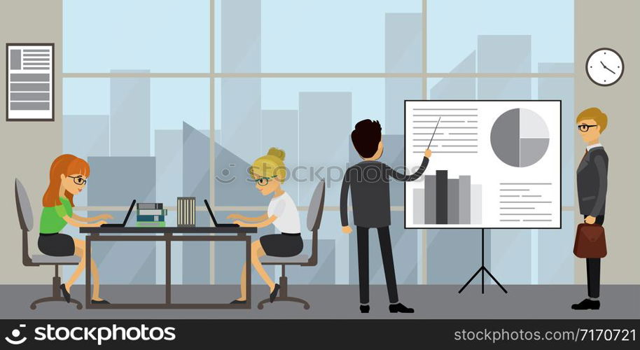 Business people working in modern office,presentation and brainstorming,workplace interior,people in profile and back view ,cartoon vector illustration.
