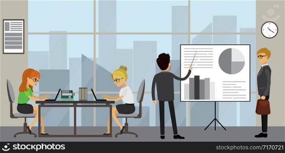 Business people working in modern office,presentation and brainstorming,workplace interior,people in profile and back view ,cartoon vector illustration.