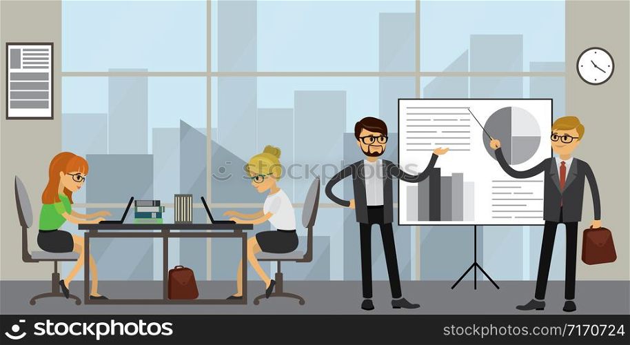 Business people working in modern office,Teamwork, presentation and brainstorming,workplace interior,cartoon vector illustration
