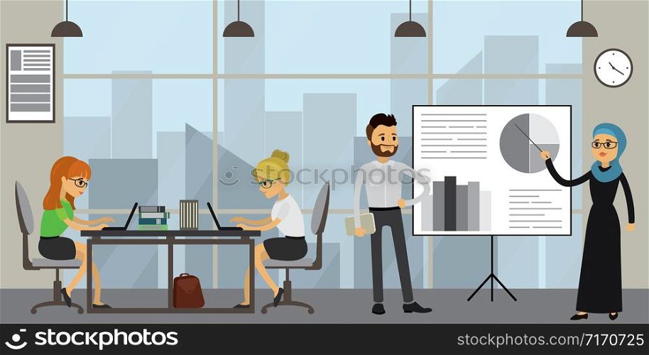 Business people working in modern office,Teamwork, presentation and brainstorming,workplace interior,flat vector illustration