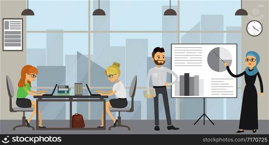 Business people working in modern office,Teamwork, presentation and brainstorming,workplace interior,flat vector illustration