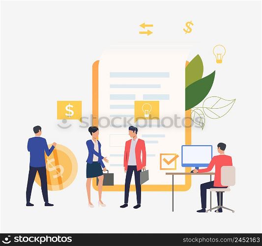 Business people working on computer and concluding contract. Internet, partnership, smart contract concept. Vector illustration can be used for topics like business, technology, management. Business people working on computer and concluding contract