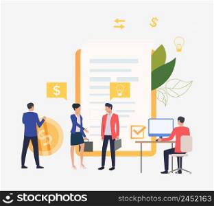 Business people working on computer and concluding contract. Internet, partnership, smart contract concept. Vector illustration can be used for topics like business, technology, management. Business people working on computer and concluding contract