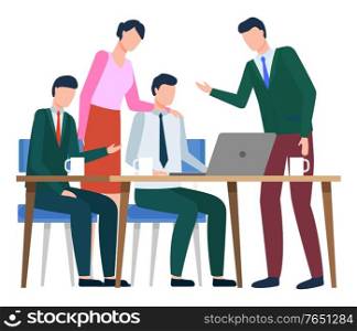 Business people working on project, brainstorming and thinking on issues. Isolated team of workers looking at laptop screen of colleague. Programmer consulting with coworkers vector in flat style. Team of Employees, Developing Idea on Meeting