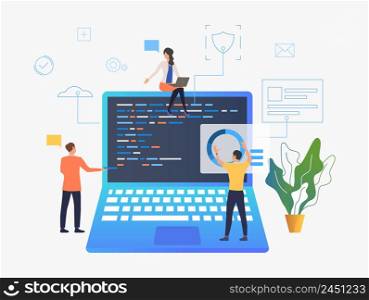 Business people working over laptop development vector illustration. Web development, interface, coding. Computer concept. Design for website templates, posters, banners