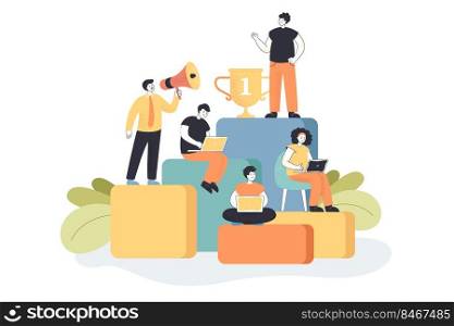 Business people working, planning growth in career. Professional competition in team of corporate employees, achieving success in teamwork flat vector illustration. Career ladder, hierarchy concept. Business people working, planning growth in career