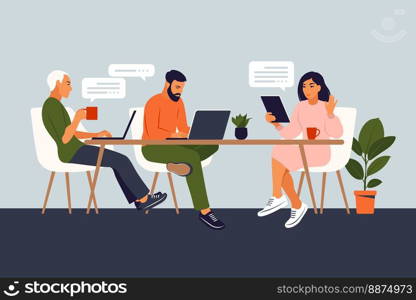 Business people working together. Coworking space with creative or business people sitting at the table. Flat modern vector illustration.