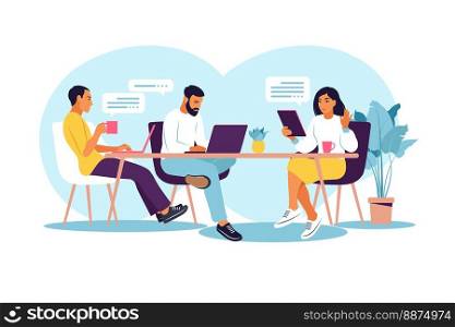 Business people working together. Coworking space with creative or business people sitting at the table. Flat modern vector illustration.