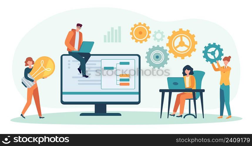 Business people working together in team. Office workers collaborating, woman generating ideas, man working on laptop. Motivated people perform tasks productively in teamwork vector. Business people working together in team. Office workers collaborating, woman generating ideas, man working on laptop