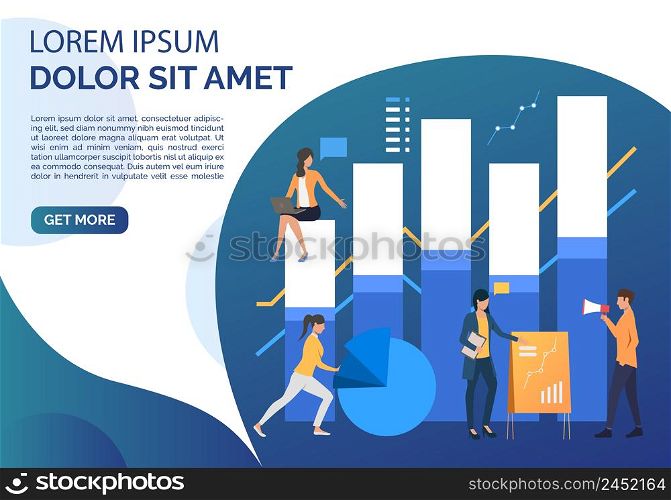 Business people working with bar and pie charts, sample text. Analytics, management, banking concept. Presentation slide template. Vector illustration for topics like business, finance, analysis. Business people working with bar and pie charts, sample text