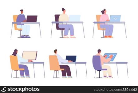 Business people working with computer and laptop. Cartoon office characters, woman and man sitting at desk. Workers vector set. Illustration of business people technology. Business people working with computer and laptop. Cartoon office characters, woman and man sitting at desk. Workers vector set