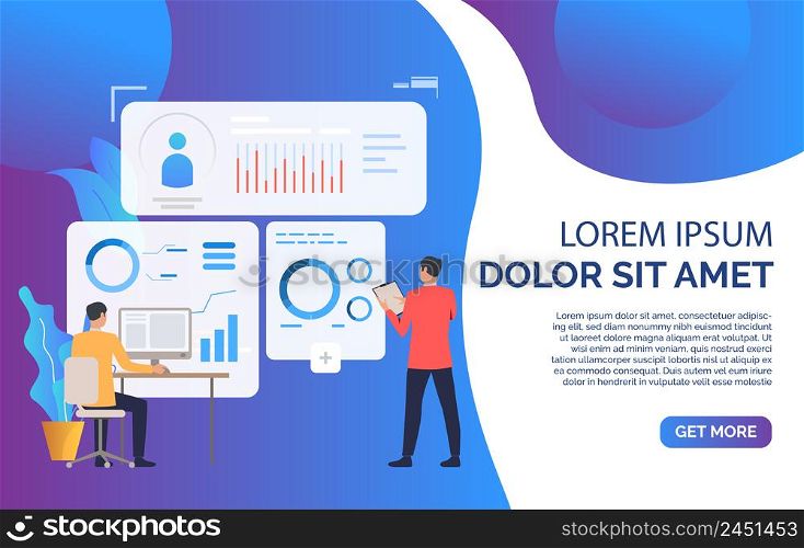 Business people working with financial charts and sample text. Analysis, management, technology concept. Presentation slide template. Vector illustration for topics like business, analytics, finance. Business people working with financial charts and sample text