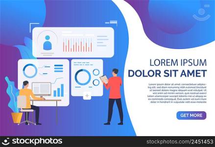 Business people working with financial charts and sample text. Analysis, management, technology concept. Presentation slide template. Vector illustration for topics like business, analytics, finance. Business people working with financial charts and sample text