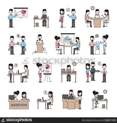 Business People Workplace Icons Set. Business people workplace flat icons set with employees in office interior in cartoon style isolated vector illustration