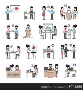 Business People Workplace Icons Set. Business people workplace flat icons set with employees in office interior in cartoon style isolated vector illustration