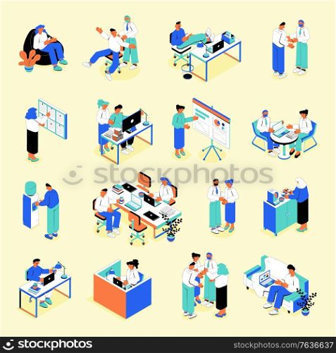 Business people workplace isometric set with task management effective teamwork presentation meeting communication coffee break vector illustration