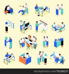 Business people workplace isometric set with task management effective teamwork presentation meeting communication coffee break vector illustration