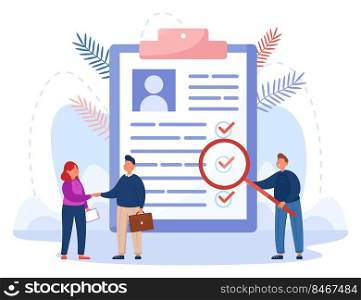 Business people writing agreement, shaking hands. Tiny man with magnifying glass researching checklist document on clipboard paper flat vector illustration. Survey, paperwork management concept. Business people writing agreement, shaking hands