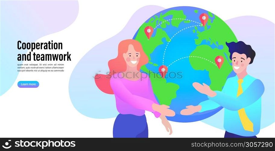 Business peoples handshake on the background of the Earth. Brainstorm concept in vector illustration