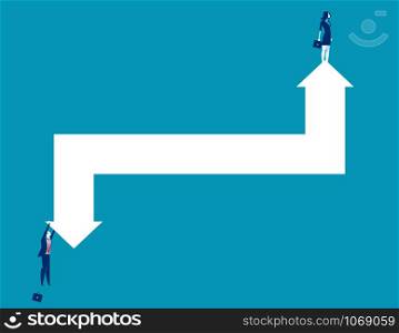Business person and arrows representing rise and fall. Concept business vector illustration.
