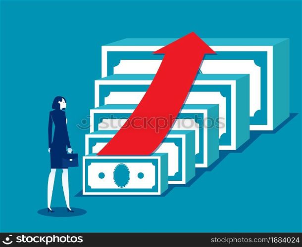 Business person attire stands at the chart of banknotes with a red arrow going up. Increase in income
