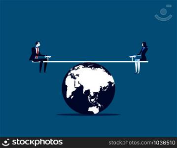 Business person balanced on seesaw over globe. Concept business vector illustration.