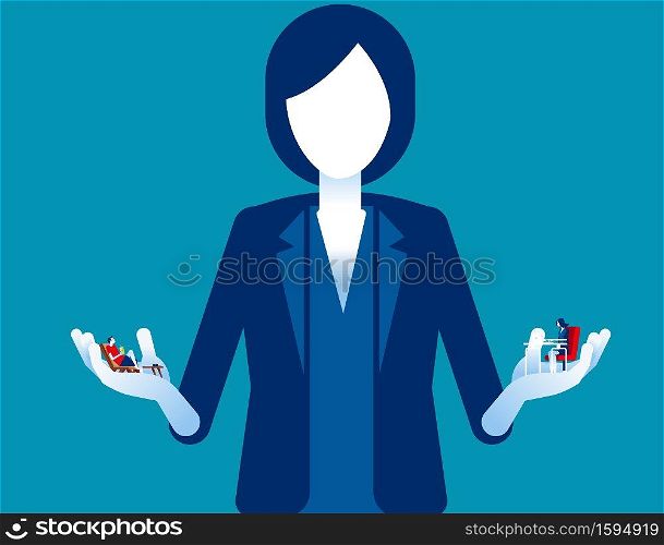 Business person choosing between holiday or working. Concept business balance vector illustration, Decision making, Difficult choice