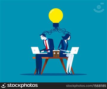 Business person connecting brain into ideas. Concept business vector illustration, Analysis, Lightbulb, Brainstorming.