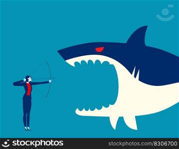 Business person fight with sharks. Business challenge concept