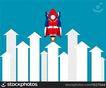 Business person flying with rocket growing up arrows. Concept business vector, Team, Partner.