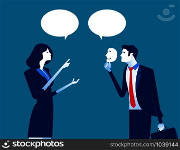 Business person holding a happy mask. Concept business vector illustration.