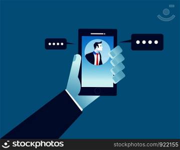 Business person holding mobile and communication with businessman. Concept business illustration for site or banners and web. Vector flat design style modern