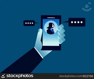 Business person holding mobile and communication with businesswoman. Concept business illustration for site or banners and web. Vector flat design style modern