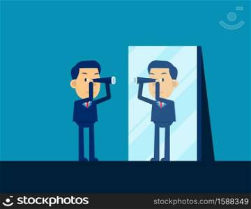 Business person looking telescope and reflecting in mirror. Concept business searching vector illustration, Flat kid business cartoon design. Cute kid character