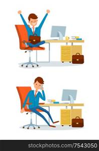 Business person, people at office working by desk vector. Director talking on phone discussing issues, ceo sitting by table, with briefcase in hands. Business Person, People at Office Working by Desk
