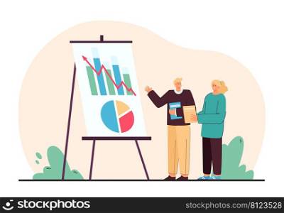 Business person presenting work plan or company statistics. Office workers looking at chart or diagram flat vector illustration. Management, finances, strategy concept for banner or landing web page