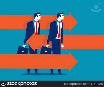 Business person standing between arrows. Concept business vector illustration. Flat character style.