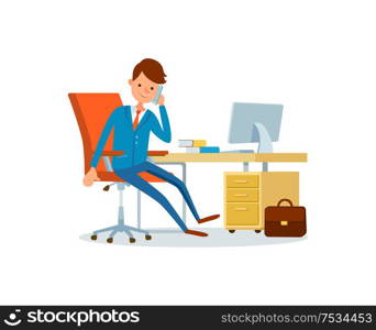 Business person talking on phone customers vector. Businessman, chief executive, director discussing details on mobile with client. Worker in office. Business Person Talking on Phone with Customers