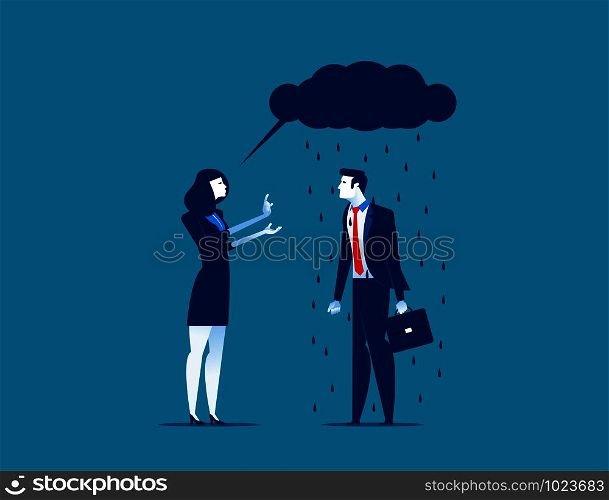 Business person talking with black rain cloud speech bubble. Concept business vector illustration.